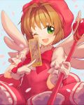  1girl ;d antenna_hair bangs beret blush bow brown_hair card cardcaptor_sakura clow_card commentary_request dress eyebrows_visible_through_hair fuuin_no_tsue glove_bow gloves green_eyes happy hat holding holding_card holding_wand kinomoto_sakura looking_at_viewer magical_girl mirror_(clow_card) one_eye_closed open_mouth petals pinafore_dress pink_dress pink_headwear red_bow rotix shirt short_hair short_sleeves simple_background smile solo standing wand white_bow white_gloves white_shirt white_wings wings 