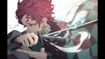  1boy bad_id bad_pixiv_id black_jacket brown_eyes brown_hair checkered earrings forehead forehead_scar highres holding holding_sword holding_weapon hoshizaki_reita hydrokinesis jacket jewelry kamado_tanjirou kimetsu_no_yaiba long_sleeves looking_away male_focus open_clothes pillarboxed signature solo sword upper_body water weapon wide_sleeves 