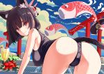  animal animal_ears anthropomorphism ass azur_lane bell black_hair cat_smile catgirl clouds fish flowers mask phandit_thirathon red_eyes school_swimsuit short_hair sky swimsuit tail torii yamashiro_(azur_lane) 