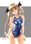  1girl blue_swimsuit breasts brown_eyes brown_hair clothes_writing collarbone commentary_request competition_swimsuit cowboy_shot grey_background hair_ribbon katahira_masashi lips long_hair looking_at_viewer nail_polish one-piece_swimsuit original parted_lips ribbon shiny_swimsuit small_breasts solo standing swimsuit two-tone_background white_background 