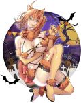  1girl ahoge animal_ears back_bow bat boots bow breasts brown_eyes brown_hair closed_mouth cosplay dangerous_beast elbow_gloves fate/grand_order fate_(series) fujimaru_ritsuka_(female) full_body fur_trim gloves halloween highres katekari_yuusuke large_breasts looking_at_viewer mash_kyrielight mash_kyrielight_(cosplay) orange_footwear orange_gloves paw_gloves paws pennant red_bow revealing_clothes shiny shiny_clothes shiny_skin short_hair solo striped striped_bow thigh_boots thighhighs 