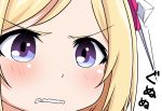  1girl aki_rosenthal angry blonde_hair bob_cut clenched_teeth close-up commentary_request eyebrows_visible_through_hair face gununu hair_ornament haruka_kuromiya headgear hololive parody purple_eyes short_hair solo teeth v-shaped_eyebrows virtual_youtuber 