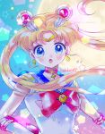  1girl :o bishoujo_senshi_sailor_moon blonde_hair blue_eyes blue_sailor_collar bow brooch choker circlet crescent crescent_choker crescent_earrings double_bun earrings elbow_gloves full_moon gloves hair_ornament hairpin hoshikuzu_(milkyway792) jewelry light_particles long_hair looking_at_viewer magical_girl moon open_mouth red_bow red_neckwear repost_notice sailor_collar sailor_moon sailor_senshi_uniform signature solo star_(symbol) star_earrings tsukino_usagi twintails upper_body white_gloves 