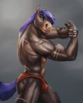  anthro bicep_curl black_body black_fur bleakcat blue_eyes brown_body brown_fur bulge clothing equid equine facial_piercing fingers flexing fur geki-mcclain gold_(metal) gold_jewelry hooved_fingers horse jewelry male mammal mane muscular muscular_anthro muscular_male nose_piercing nose_ring piercing scar simple_background smile solo underwear 