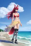 1girl animal_ears bangs beach bikini blue_sky breasts commission day driftwood fox_ears fox_tail full_body gohpot greaves long_hair medium_breasts navel original outdoors over-kneehighs red_bikini red_eyes red_hair sarong sky solo swimsuit tail thighhighs walking wind 