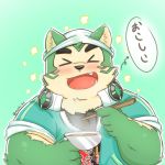  1:1 anthro blush canid canine canis clothed clothing domestic_dog eating eyes_closed food fur green_body green_fur headphones_around_neck japanese_text live-a-hero male mammal mokdai noichi_53 portrait shirt solo text topwear video_games 