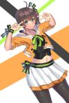  1girl absurdres ahoge aqua_eyes black_bow black_legwear black_shirt blush bow brown_hair buttons cat_hair_ornament cowboy_shot crop_top double_v green_ribbon green_stripe grin hair_ornament highres hololive looking_at_viewer mido_567 natsuiro_matsuri navel orange_background pantyhose pleated_skirt ribbon ringlets sailor_collar sailor_shirt shirt side_ponytail simple_background skirt smile solo spaghetti_strap striped striped_bow v v_over_eye virtual_youtuber white_background 