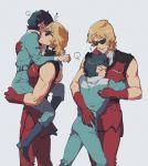  2boys bare_shoulders blonde_hair blue_eyes blue_hair blush boots carrying char_aznable gloves gundam heart hug jumpsuit kamille_bidan male_focus multiple_boys quattro_vageena sakanaokashi short_hair smile sunglasses sweater turtleneck turtleneck_sweater yaoi zeta_gundam 