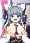  1boy 1girl :d absurdres aqua_hair azur_lane bangs blue_eyes blunt_bangs blurry blurry_background breast_grab breasts cheshire_(azur_lane) commentary depth_of_field earrings eyebrows_visible_through_hair fangs grabbing grey_hair guided_breast_grab hair_ornament happy heart highres jewelry large_breasts looking_at_viewer maid_headdress multicolored_hair open_mouth pov psychopath_idiot short_hair smile solo_focus spoken_heart streaked_hair two-tone_hair upper_body 