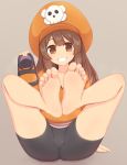  1girl bare_legs barefoot feet feet_together guilty_gear hat highres knees_apart_feet_together legs_apart looking_at_viewer may_(guilty_gear) no_shoes open_mouth orange_headwear orange_hoodie orange_shirt pirate pirate_hat pov_feet shirt smile soles solo toes unikurage 