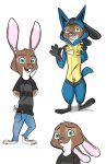  absurd_res anthro bottomwear clothing cosplay costume denim denim_clothing ears_down headphones heterochromia hi_res jake_thumpings jeans lagomorph leporid lucario male mammal nintendo pants pivoted_ears pok&eacute;mon pok&eacute;mon_(species) quirky-middle-child rabbit smile solo teeth_showing video_games waving_at_viewer 