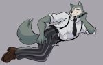  5_fingers anthro beastars biped canid canine canis claws clothed clothing eyebrows fingers fur grey_body grey_fur grey_tail hi_res legoshi_(beastars) male mammal multicolored_body multicolored_fur necktie pose rygel_spkb simple_background solo suspenders two_tone_body two_tone_fur white_body white_fur wolf 