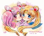  2girls bangs bishoujo_senshi_sailor_moon blonde_hair blue_eyes blue_sailor_collar blush chibi_usa choker circlet closed_mouth crescent crescent_earrings dated double_bun earrings hair_ornament hairpin happy_birthday heart heart_choker jewelry long_hair looking_at_viewer multiple_girls parted_bangs pink_hair pink_sailor_collar red_eyes sailor_chibi_moon sailor_collar sailor_moon sailor_senshi sailor_senshi_uniform sakurai_ruku shiny shiny_hair short_hair signature smile super_sailor_chibi_moon super_sailor_moon tsukino_usagi twintails upper_body yellow_neckwear 
