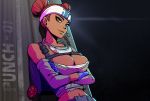  1girl apex_legends arm_warmers backpack bad_link bag bare_shoulders belt blue_gloves blush breasts brown_eyes brown_pants charm_(object) cleavage crossed_arms dark_skin double_bun english_commentary eyeliner gloves half-closed_eyes headband headset large_breasts lifeline_(apex_legends) looking_at_viewer makeup mascara mask midriff mouth_mask pants pikat red_hair shoes solo standing upper_body 