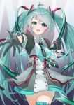  1girl :d absurdres antenna_hair aqua_eyes aqua_hair azusa_(azunyan12) bangs black_gloves black_neckwear cowboy_shot dress gloves gradient gradient_background hair_ornament hand_in_hand_(vocaloid) hatsune_miku headpiece highres holding long_hair looking_at_viewer magical_mirai_(vocaloid) microphone multicolored multicolored_clothes multicolored_dress necktie open_mouth outstretched_arm outstretched_hand puffy_sleeves ribbon short_sleeves simple_background smile solo striped striped_ribbon swept_bangs thigh_strap twintails upper_teeth very_long_hair vocaloid 