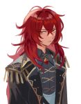  1boy antenna_hair bangs buttoniris diluc_(genshin_impact) english_commentary frown genshin_impact hair_between_eyes highres long_hair male_focus red_eyes red_hair simple_background solo upper_body white_background 