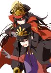  &gt;:) 1boy 1girl :d ^_^ bangs black_cape black_hair black_headwear black_jacket black_pants brother_and_sister cape closed_eyes closed_mouth eyebrows_visible_through_hair family_crest fate/grand_order fate_(series) gloves grey_gloves hair_between_eyes hat highres jacket koha-ace long_hair long_sleeves oda_nobukatsu_(fate/grand_order) oda_nobunaga_(fate) oda_nobunaga_(fate)_(all) oda_uri open_mouth panikuru_yuuto pants peaked_cap red_cape red_eyes red_jacket red_pants siblings simple_background smile v-shaped_eyebrows very_long_hair white_background 