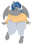  anthro bibbo bibbo_(oc) big_breasts blue_hair breasts camel_toe cleavage clothed clothing equid equine female grey_body hair hasbro huge_breasts mammal my_little_pony pegasus simple_background solo thick_thighs white_background wings 
