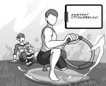  2boys bike_shorts cleats compression_sleeve faceless faceless_male fire grass greyscale headband monochrome multiple_boys open_mouth pointy_ears ring-con ring_fit_adventure ring_fit_trainee squatting surprised tank_top tipp_(ring_fit_adventure) 