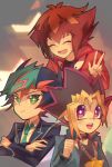  3boys :d ^_^ ^o^ aqua_hair black_shirt blonde_hair blue_hair blue_jacket brown_hair chain closed_eyes closed_mouth collared_shirt crossed_arms duel_academy_uniform_(yuu-gi-ou_gx) fujiki_yuusaku green_eyes highres jacket jewelry male_focus millennium_puzzle multicolored_hair multiple_boys mutou_yuugi necklace necktie open_mouth pink_hair purple_eyes purple_hair red_jacket school_uniform shirt smile spiked_hair tounori_(nrmc_7) white_shirt yu-gi-oh! yu-gi-oh!_duel_monsters yu-gi-oh!_gx yu-gi-oh!_vrains yuuki_juudai 