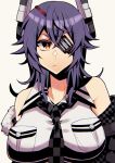  1girl :i bare_shoulders black_coat black_neckwear breast_pocket breasts checkered checkered_neckwear coat eyebrows eyebrows_visible_through_hair eyepatch highres kantai_collection large_breasts looking_at_viewer medium_hair necktie one-eyed pocket purple_hair shading shirt tenryuu_(kantai_collection) white_background white_shirt yellow_eyes yuudadou 