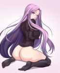  1girl ass back bangs black_legwear black_sweater blush breasts fate/stay_night fate_(series) forehead glasses gradient gradient_background gudakoguda highres large_breasts legs long_hair long_sleeves looking_at_viewer looking_back parted_bangs parted_lips purple_background purple_eyes purple_hair rider sidelocks sitting sweater thighhighs very_long_hair wariza 