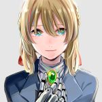  1girl absurdres aqua_eyes blonde_hair blue_eyes blue_jacket braid brooch hair_between_eyes hair_ribbon hand_up highres jacket jewelry long_hair looking_at_viewer mechanical_hand red_ribbon ribbon richard_(ri39p) simple_background solo upper_body violet_evergarden violet_evergarden_(character) white_neckwear 