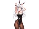  animal_ears apple_ringo blush bow breasts bunny_ears bunnygirl cleavage gray_hair headband leotard long_hair original pantyhose tail twintails white wristwear yellow_eyes 