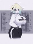  anthro big_breasts bottomwear breasts clothing ear_piercing ear_ring female giant_panda hair hi_res leggings legwear mammal multicolored_hair navel pants piercing scoff smutbunny solo sweater text text_on_clothing text_on_topwear topwear ursid worldstarhiphop 