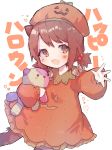  1girl brown_eyes brown_hair draph dress granblue_fantasy halloween halloween_costume hat highres jack-o&#039;-lantern kokemoco low_twintails open_mouth pumpkin pumpkin_hat short_hair short_twintails solo stuffed_animal stuffed_toy teddy_bear twintails yaia_(granblue_fantasy) 