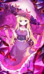  1girl ankle_ribbon bangs blonde_hair blunt_bangs blurry blurry_foreground bow breasts corset depth_of_field dress eyebrows_visible_through_hair eyes flame_print frilled_dress frills full_body gap_(touhou) gradient_eyes hair_bow hand_on_own_chest hat hat_ribbon high_heels highres holding holding_umbrella kiramarukou leg_up light_particles long_hair looking_at_viewer medium_breasts mob_cap multicolored multicolored_eyes pink_bow pink_ribbon purple_corset purple_dress purple_eyes purple_legwear purple_theme red_eyes red_ribbon reflective_eyes ribbon ribbon_trim shiny shiny_hair shiny_skin sidelocks solo space star_(sky) touhou trigram umbrella very_long_hair white_headwear yakumo_yukari yin_yang_print 