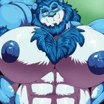  1:1 2019 anthro big_muscles blue_nipples bobert chest_tuft eyewear felid fur glasses green_eyes hand_behind_head hi_res huge_muscles hyper hyper_muscles lion looking_at_viewer male mammal mizuraion multicolored_body multicolored_fur muscular muscular_anthro muscular_male nipples pantherine smile solo tuft 