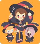  3girls :d arms_up belt black_dress black_footwear black_headwear blonde_hair blush_stickers boots brown_hair chibi closed_mouth commentary dress eyeshadow freckles full_body glasses hair_over_one_eye happy hat holding holding_wand kagari_atsuko light_purple_hair little_witch_academia long_hair looking_at_viewer lotte_jansson luna_nova_school_uniform makeup multiple_girls open_mouth orange_background red_eyes rizu_(rizunm) round_eyewear school_uniform semi-rimless_eyewear short_dress short_hair simple_background size_difference sleeves_past_fingers sleeves_past_wrists smile standing sucy_manbavaran twitter_username under-rim_eyewear wand wide_sleeves witch witch_hat 