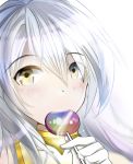  1girl absurdres bloom blush candy close-up dress english_commentary eyebrows_visible_through_hair face fire_emblem fire_emblem:_radiant_dawn fire_emblem_heroes food food_in_mouth gloves highres holding holding_candy holding_food holding_lollipop lens_flare light_particles light_rays lilachology_(dnrn8537) lollipop long_hair looking_at_viewer micaiah_(fire_emblem) portrait silver_hair simple_background solo sunbeam sunlight white_background white_dress white_gloves yellow_eyes 