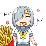  1girl 3toshinhmkz closed_eyes commentary_request cowboy_shot eating food french_fries hair_ornament hair_over_one_eye hairclip hamakaze_(kantai_collection) kantai_collection looking_at_viewer neckerchief no_nose pleated_skirt pov school_uniform serafuku short_hair short_sleeves silver_hair simple_background skirt solo white_background yellow_neckwear 