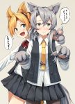  2girls animal_ear_fluff animal_ears asymmetrical_hair bangs black_legwear black_skirt blonde_hair blue_eyes blush eyebrows_visible_through_hair fake_animal_ears gloves grey_background grey_hair hair_between_eyes highres ichikawa_feesu kantai_collection long_hair maikaze_(kantai_collection) multiple_girls nowaki_(kantai_collection) open_mouth pantyhose paw_gloves paw_pose paws pleated_skirt red_neckwear shirt simple_background skirt speech_bubble tail translation_request vest white_shirt wolf_ears wolf_tail yellow_neckwear 