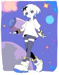  1girl ankle_boots blush_stickers boots border closed_mouth copyright_request eclair_groove enkyo_yuuichirou grey_legwear grey_shorts hair_ornament highres looking_at_viewer metro_mew planet purple_eyes shirt short_hair short_sleeves shorts smile solo space space_craft thighhighs walking white_border white_footwear white_hair white_shirt white_skin 
