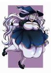 absurd_res anthro belly big_belly big_breasts breasts buckteeth clothing clumsy ecchipandaa female female_pred hair hat headgear headwear hi_res lagomorph leporid long_hair magic_user mammal navel off_balance oral_vore rabbit solo_focus struggling teeth vore witch witch_hat 