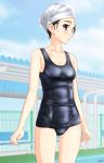  1girl absurdres black_eyes black_hair black_swimsuit blue_sky blurry cloud cowboy_shot day depth_of_field fence highres looking_to_the_side original outdoors school_swimsuit short_hair sky solo standing swim_cap swimsuit takafumi white_headwear 