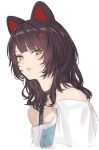  1girl animal_ears bangs bare_shoulders black_choker black_hair brown_eyes choker cropped_torso dog_ears eyebrows_visible_through_hair fang flower hair_flower hair_ornament heterochromia highres inui_toko isshiki_(ffmania7) long_hair looking_at_viewer nijisanji off-shoulder_shirt off_shoulder parted_lips red_eyes red_flower shirt simple_background solo upper_body virtual_youtuber white_background white_shirt 