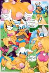  2:3 absurd_res anthro archie_comics big_breasts blonde_hair blush bodily_fluids bra breast_grab breast_smother breast_squish breasts bunnie_rabbot chiropteran clothed clothing comic dialogue duo english_text female female/female fur hair hand_on_breast hi_res jogging lagomorph leporid mammal midriff nipples rabbit rouge_the_bat smothering sonic_the_hedgehog_(archie) sonic_the_hedgehog_(comics) sonic_the_hedgehog_(series) sports_bra sportswear squish suprised_look sweat tenting text tinydevilhorns topless underwear wings yellow_body yellow_fur 