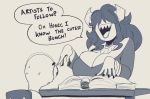 anon anthro bodily_fluids book breasts cleavage clothed clothing demon duo english_text female hi_res horn horned_humanoid humanoid male male/female open_mouth peculiart secretary sharp_teeth smile speech_bubble sue_(peculiart) sweat teeth text wide_eyed 