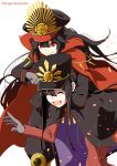  &gt;:) 1boy 1girl :d ^_^ bangs black_cape black_hair black_headwear black_jacket black_pants brother_and_sister cape closed_eyes closed_mouth commentary_request eyebrows_visible_through_hair family_crest fate/grand_order fate_(series) gloves grey_gloves hair_between_eyes hat highres jacket koha-ace long_hair long_sleeves oda_nobukatsu_(fate/grand_order) oda_nobunaga_(fate) oda_nobunaga_(fate)_(all) oda_uri open_mouth panikuru_yuuto pants peaked_cap red_cape red_eyes red_jacket red_pants siblings simple_background smile twitter_username v-shaped_eyebrows very_long_hair white_background 