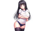  bang_dream! black_hair bloomers breast_hold breasts cameltoe erect_nipples gym_uniform lambda long_hair no_bra purple_eyes shirokane_rinko thighhighs waifu2x white 