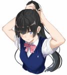  1girl alternate_hairstyle arms_up black_hair blue_eyes blue_vest blush bow bowtie breasts closed_mouth collared_shirt grin hair_between_eyes hair_ornament hairclip highres isshiki_(ffmania7) long_hair looking_at_viewer medium_breasts nijisanji pink_neckwear ponytail shirt short_sleeves simple_background smile solo straight_hair tsukino_mito tying_hair upper_body vest virtual_youtuber white_background white_shirt 