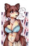  2020 abstract_background anthro beastars big_breasts blue_formalin bottomless bra breasts brown_body brown_fur canid canine canis cleavage clothed clothing dialogue english_text female front_view fur genitals hi_res juno_(beastars) mammal portrait purple_eyes pussy solo text three-quarter_portrait underwear wolf 