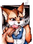  2020 aggressive_retsuko anthro big_penis blouse blue_formalin bodily_fluids brown_body brown_fur canid canine clothed clothed_sex clothing cum cum_in_mouth cum_inside disembodied_penis duo erection fangs fellatio female female_focus fennec fenneko foreskin fox fur genital_fluids genitals glans humanoid_genitalia humanoid_penis inner_ear_fluff male male/female mammal oral penile penis penis_bite penis_grab retracted_foreskin sanrio sex shirt solo_focus text topwear tuft uncut white_clothing white_shirt white_topwear 