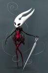  2018 anthro arthropod barely_visible_genitalia barely_visible_pussy black_body black_pussy black_skin clothing corset evanight female full-length_portrait genitals grey_background hi_res holding_object holding_weapon hollow_knight hornet_(hollow_knight) insect legwear lingerie mask portrait pussy red_clothing red_legwear red_stockings red_topwear simple_background solo standing stockings team_cherry thigh_highs topwear vessel_(species) video_games weapon wide_hips 