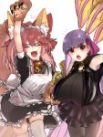  2girls alternate_costume animal_ear_fluff animal_ears anmochi_mochi apron bell bell_collar belt_collar breasts cat_paws claw_(weapon) claws closed_eyes collar crotch_plate enmaided fate/grand_order fate_(series) fox_ears fox_girl fox_tail gigantic_breasts gloves hair_ribbon jingle_bell large_breasts maid maid_apron maid_dress maid_headdress multiple_girls o-ring o-ring_top open_mouth passionlip paw_gloves paws pink_hair pink_ribbon purple_hair purple_ribbon ribbon tail tamamo_(fate)_(all) tamamo_cat_(fate) waist_apron weapon white_apron 
