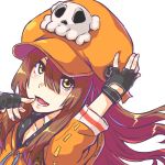  1girl anchor bangs brown_hair collarbone finger_to_chin fingerless_gloves gloves guilty_gear guilty_gear_strive hair_over_eyes hand_on_headwear hand_up jacket large_hat long_hair looking_at_viewer may_(guilty_gear) open_mouth orange_headwear orange_jacket skull_and_crossbones smile solo tomoe_no_kaminari upper_body yellow_eyes 